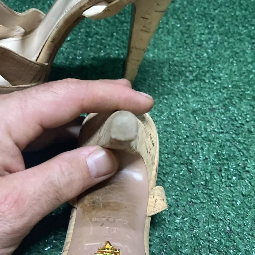 Prada Natural Cork Platform Sandals with Gold Buckles